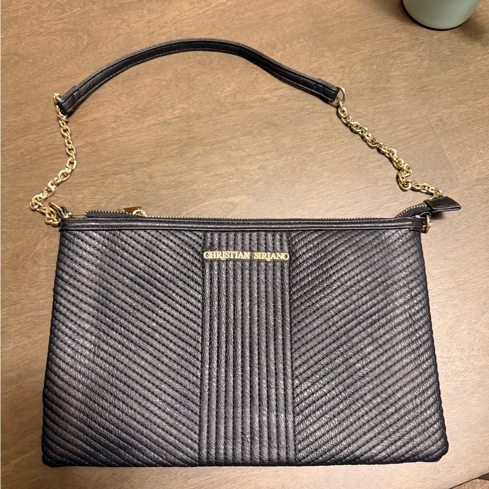 Christian Siriano Black Textured Clutch with Gold Accents